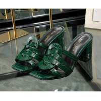Good Product Saint Laurent Medium Heel Slide Sandals in Embossed Leather Green 324054