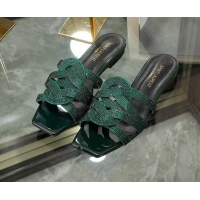 Discount Saint Laurent Flat Slide Sandals with Crystals Green 0324066