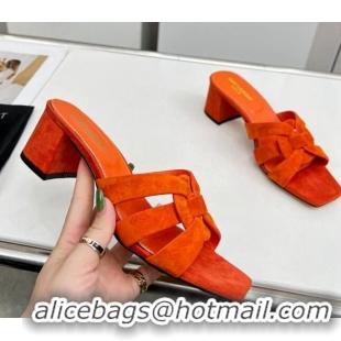 Luxury Saint Laurent Suede Medium Heel Slide Sandals 4.5cm Orange 324110
