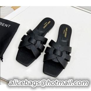 Cheap Price Saint Laurent Flat Slide Sandals in Palm-Grained Leather Black 0324136