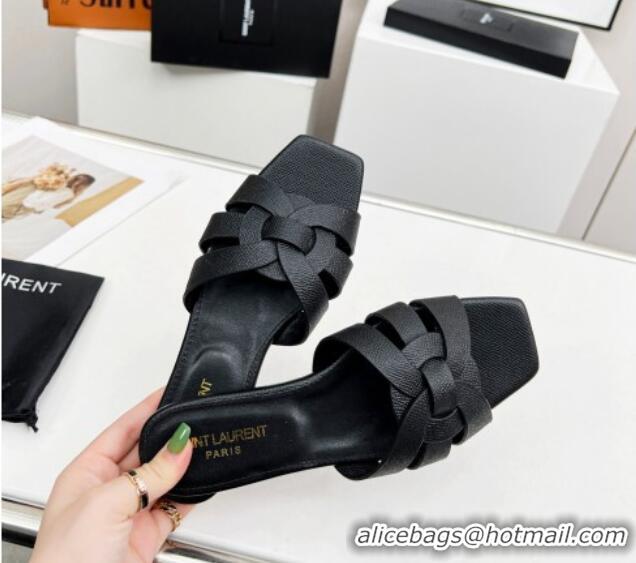 Cheap Price Saint Laurent Flat Slide Sandals in Palm-Grained Leather Black 0324136