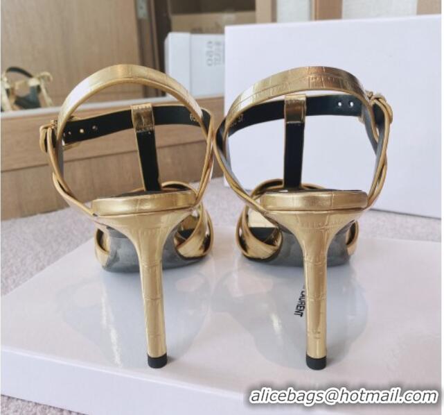 Shop Cheap Saint Laurent High Heel Sandals 8.5cm in Stone Embossed Leather Gold 0325046