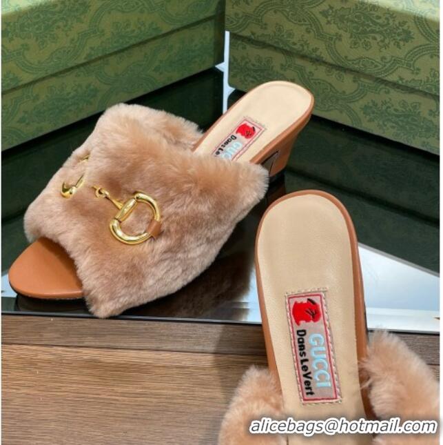 Luxurious Gucci Fur Mid-Heel Slide Sandals 5.5cm with Horsebit Brown 321108