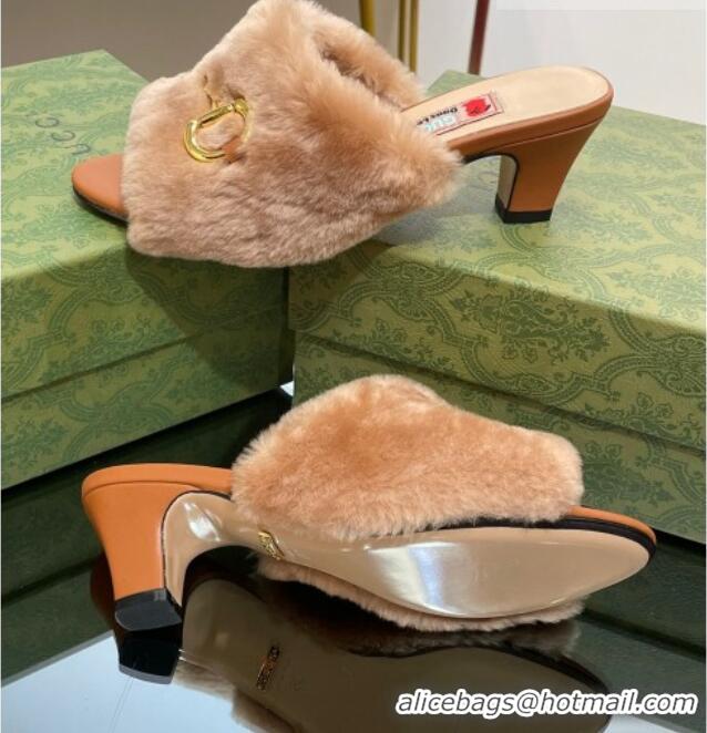 Luxurious Gucci Fur Mid-Heel Slide Sandals 5.5cm with Horsebit Brown 321108