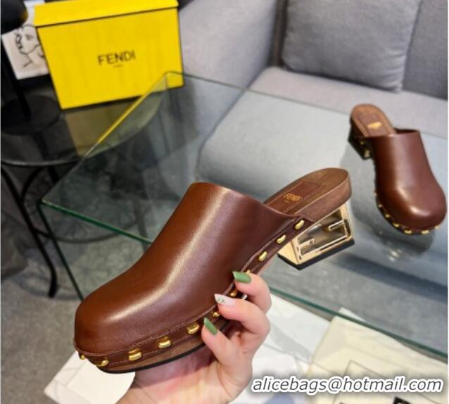 Charming Fendi Baguette Show Leather Clogs Medium Heel Mules 6cm Brown 321050