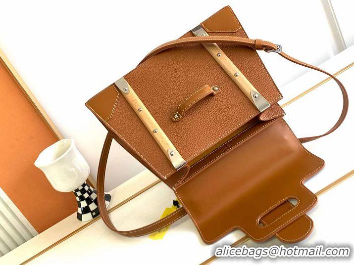 Best Grade Goyard Saigon Bag In Yellow NIEVRE Goat Leather And Beech Wood Handle 8007 Brown