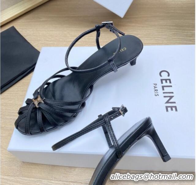 Classic Hot Celine Triomphe Heel Sandals 4.5cm in Calf Leather Black 331058