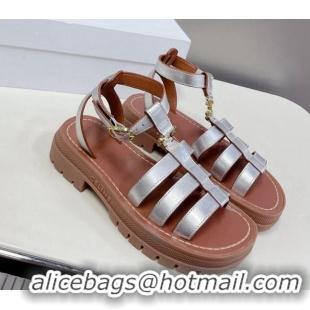 Grade Quality Celine Clea triomphe Gladiator Chunky Sandals in Silver Metallic Calfskin 331062