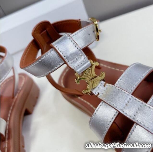 Grade Quality Celine Clea triomphe Gladiator Chunky Sandals in Silver Metallic Calfskin 331062