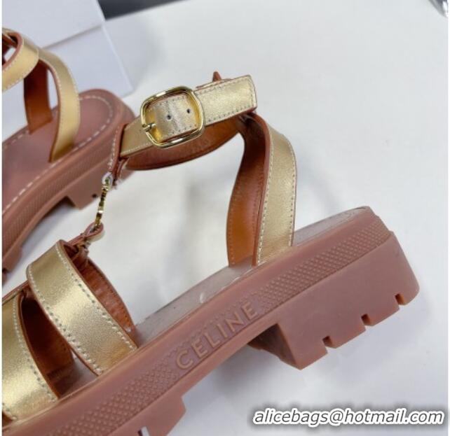 Good Looking Celine Clea Triomphe Gladiator Chunky Sandals in Gold Metallic Calfskin 331064