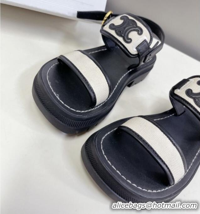 Low Price Celine Clea Triomphe Sandals in Calfskin and Canvas Black/White 331065