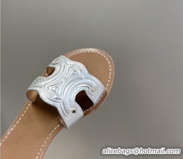 Best Product Celine Triomphe Flat Slide Sandals in Silver Metalized Calfskin 401036