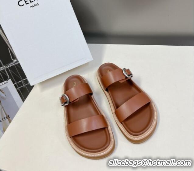 Grade Celine Leather Slide Sandals with Buckle Tan Brown 619070