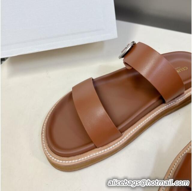 Grade Celine Leather Slide Sandals with Buckle Tan Brown 619070