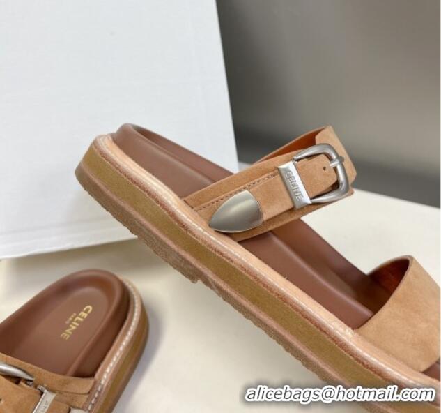Best Price Celine Suede Slide Sandals with Buckle Beige 619071