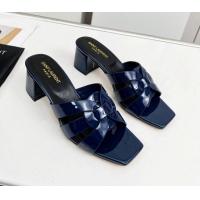 Stylish Saint Laurent Medium Heel Slide Sandals in Patent Leather 5.5cm Navy Blue 0324090