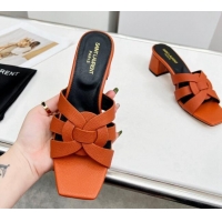 Discount Fashion Saint Laurent Medium Heel Slide Sandals in Palm-Grained Leather 5.5cm Brown 0324095