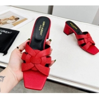 Purchase Saint Laurent Medium Heel Slide Sandals in Palm-Grained Leather 5.5cm Red 0324096
