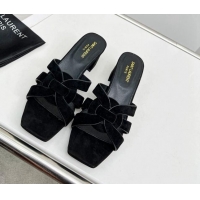 Good Quality Saint Laurent Suede Medium Heel Slide Sandals 4.5cm Black 324115