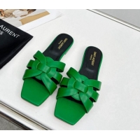 Fashion Saint Laurent Calfskin Flat Slide Sandals Green 324132