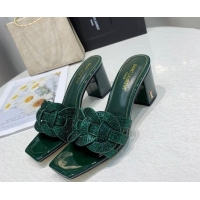 Luxury Discount Saint Laurent Medium Heel Slide Sandals with Crystals Green 0324155