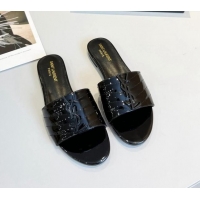 Classic Hot Saint Laurent Monogram Patent Leather YSL Flat Slide Sandals Black 325014