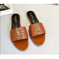 Good Product Saint Laurent Monogram Calf Leather YSL Flat Slide Sandals Brown 0325018