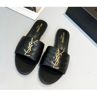 Luxurious Saint Laurent Calf Leather Medium Heel Slide Sandals 6.5cm Black 325020