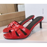 Shop Duplicate Saint Laurent Medium Heel Slide Sandals 6.5cm in Stone Embossed Leather Red 0325030