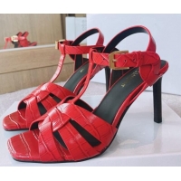 Grade Quality Saint Laurent High Heel Sandals 8.5cm in Stone Embossed Leather Red 0325047