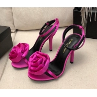 Popular Style Saint Laurent Satin High Heel Sandals 9cm with Bloom Charm Dark Pink 412032