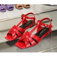 Grade Saint Laurent Flat Sandals in Red Patent Leather 426127