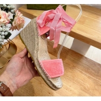 Good Looking Gucci GG Towel Fabric Wedge Sandals 10cm with Lace Pink 022362