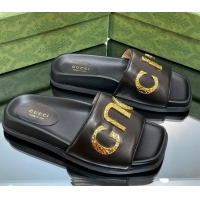 Charming Gucci Leather Flat Slide Sandals with Gold-Tone GUCCI Black 321104