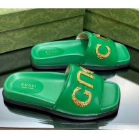 Top Grade Gucci Leather Flat Slide Sandals with Gold-Tone GUCCI Green 321107