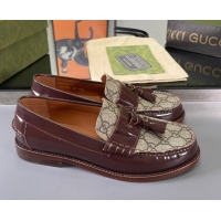 Super Quality Gucci GG Canvas and Shiny Leather Loafers with Tassel Brown 406046
