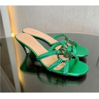 Perfect Gucci Isa Leather Heel Slide Sandals 4.5cm with Crystal Interlocking G Green 607033