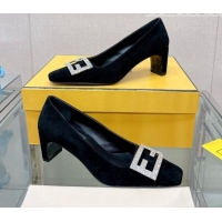 Feminine Fendi Baguette Suede Medium Heel Pumps with Crystal Logo Black 022326