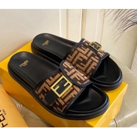 Purchase Fendi Feel Flat Slide Sandals in FF Fabric Black/Brown 030322