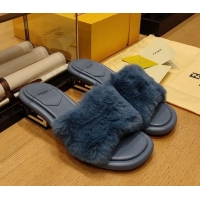 Popular Style Fendi Baguette Heel Slide Sandals 6cm in Mink Fur Blue 420073