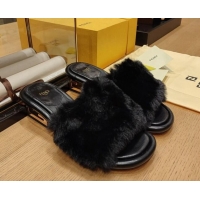 Discount Fendi Baguette Heel Slide Sandals 6cm in Mink Fur Black 420075