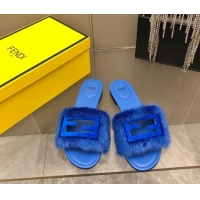 Top Design Fendi Signature Mink Fur Flat Slide Sandals Blue 606097