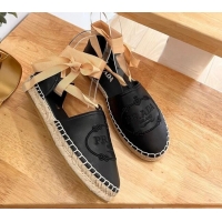 Perfect Prada Leather Flat Espadrilles with Laces Black 0322090