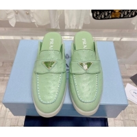 Top Grade Prada Ostrich-Embossed Leather Sabots Flat Mules Light Green 1D270N 612133