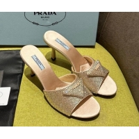 Unique Style Prada Satin Heel Slide Sandals 7.5cm with Crystals Light Pink 612167