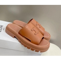 Good Quality Celine Clea Triomphe Slide Sandals in Brown Calfskin 401034