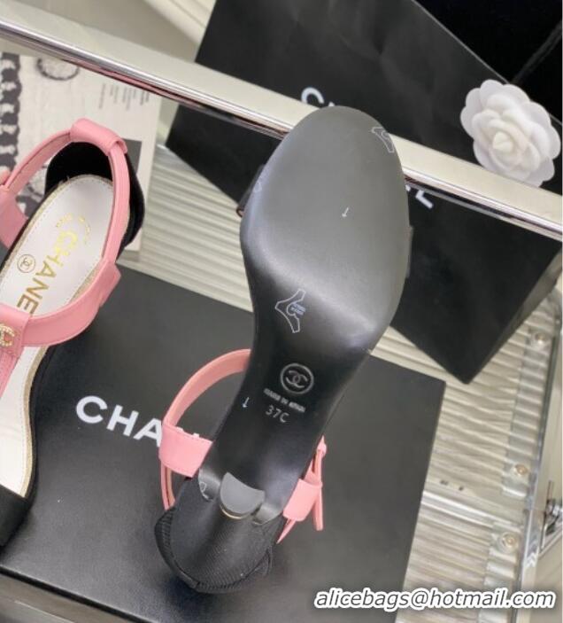 Luxury Chanel Lambskin & Grosgrain Heel Sandals G39022 9cm Pink/Black 328005