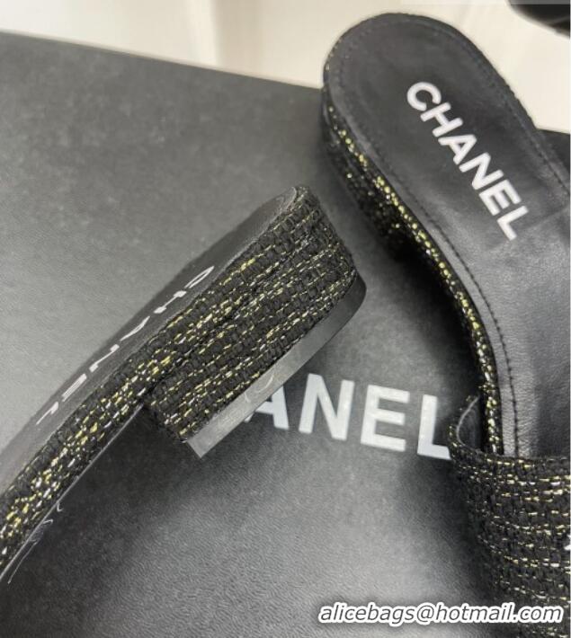 Low Cost Chanel CC Tweed Flat Slide Sandals Black 428153