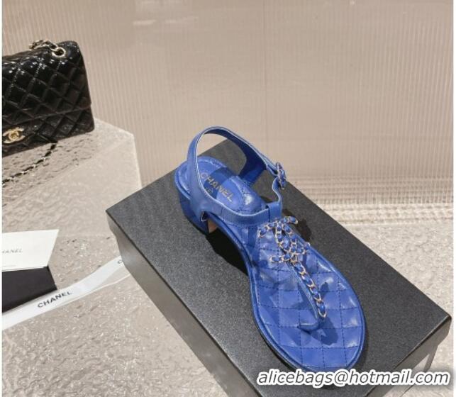 Best Price Chanel Lambskin Heel Thong Sandals 5cm with Chain CC Blue 525040