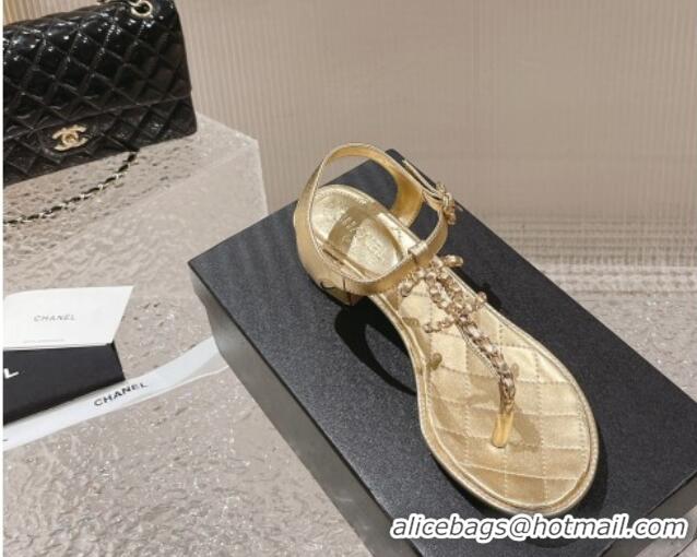 Good Quality Chanel Lambskin Heel Thong Sandals 5cm with Chain CC Gold 525041